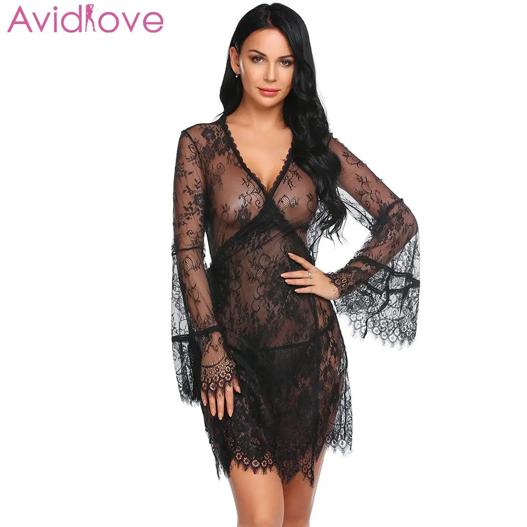 

Avidlove Lace Sexy Lingerie Women Sexy Floral Sleepwear Erotic Nightdress V Neck Lace up Open Front Robe Low Waist Sleeve