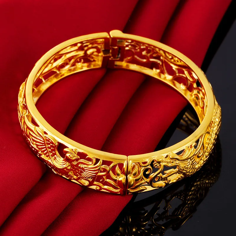 

Vietnam Sand Gold Bride Bracelets No Fade Brass Plated Dragon Phoenix Auspicious Bangle Wedding Jewelry