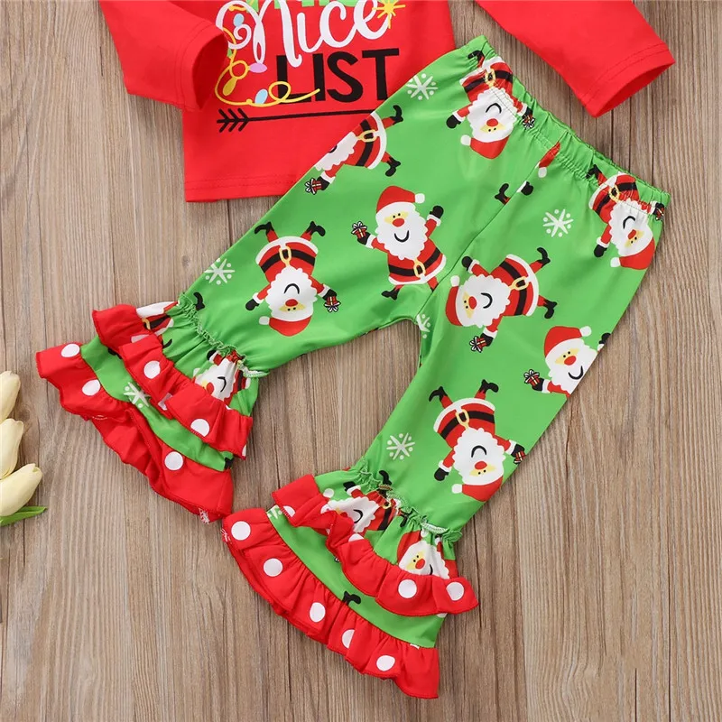 Красивая рождественская Одежда для маленьких девочек красная рубашка с длинными рукавами и буквенным принтом+ длинные расклешенные штаны-пачки Комплект Санта-Клауса, Рождественская модная одежда для малышей