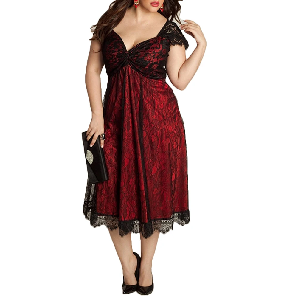 

Wipalo European And American Large Size Elegant Lace Stitching V-Neck Sleeveless Midi Gothic Dress Plus Size Women Dresses 2018