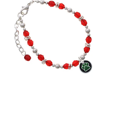 Браслет Silvertone Green Paw on Black Disc красные бусинки| |