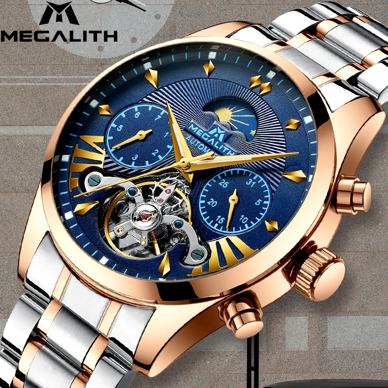 

MEGALITH Men Fashion Automatic Mechanical Watch Waterproof Luminous Date Week Stainless Steel Watches Men Sport Tourbillon Clock