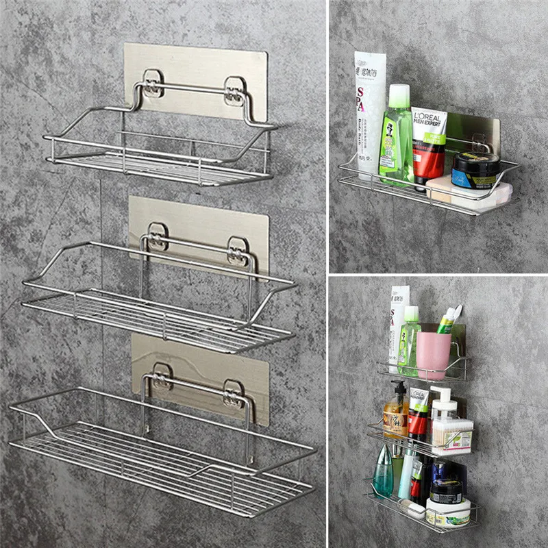 

Durable Stainless Steel Bathroom Organizer Space Saving Shelf Basket Wall Mounted Storage Rack Adhesive Cosmetic Toiletry Sundry