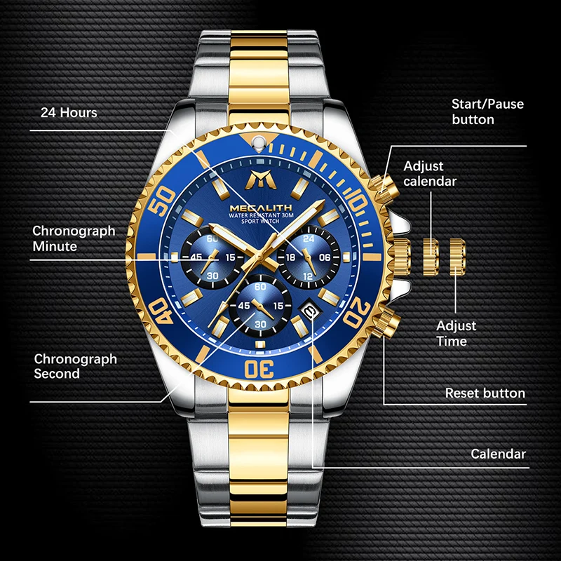 Megalith Luxury Men Watch Sport Waterproof Analog Hour Date Chronograph Quartz Watch Men Stainle-5