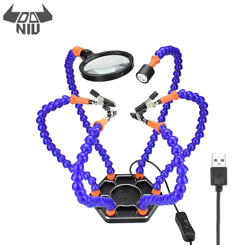 

DANIU Six Arms Solder Iron Stand Holder Third Hand Soldering PCB Fixture Tool Helping Hands with Magnifier Mini LED Flashlight