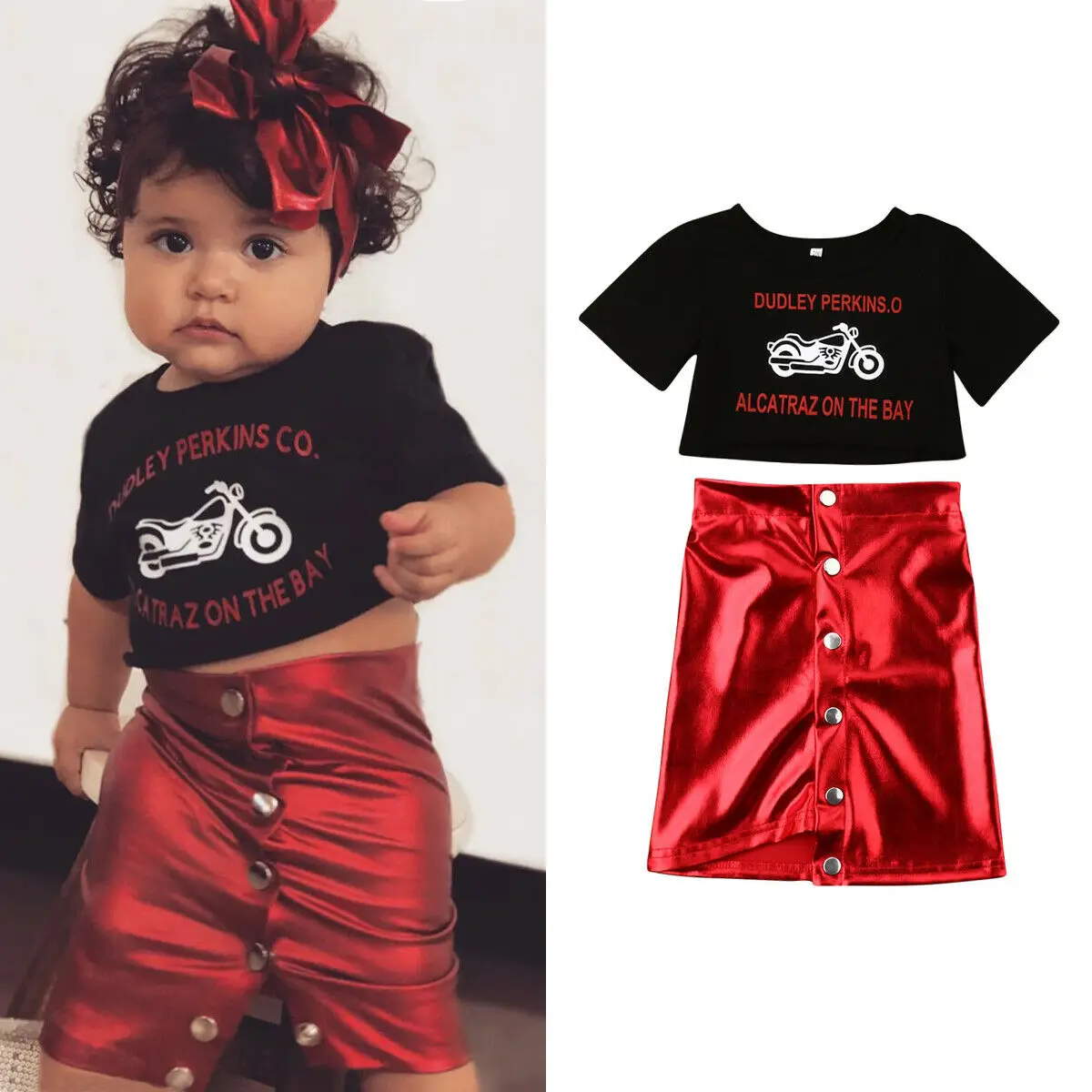 

Pudcoco 2019 Summer Baby Kids Toddler Girls Outfits Tops Black T-shirt Mini Red Skirt Clothes Set