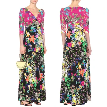

New Women's Flower bloom V Neck Half slee Knitted Slim long Dress