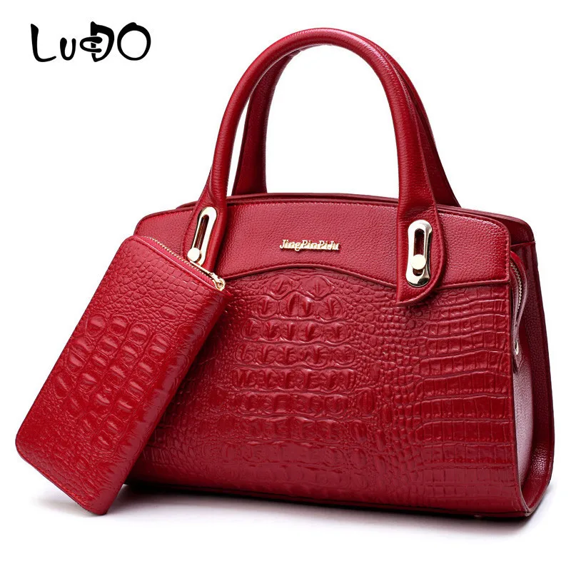 

LUCDO 2 PCS/Set Leather Handbag Women Bags Designer Alligator Crocodile Pattern Embossed Shoulder Bag Female Tote Bag Wallet SAC