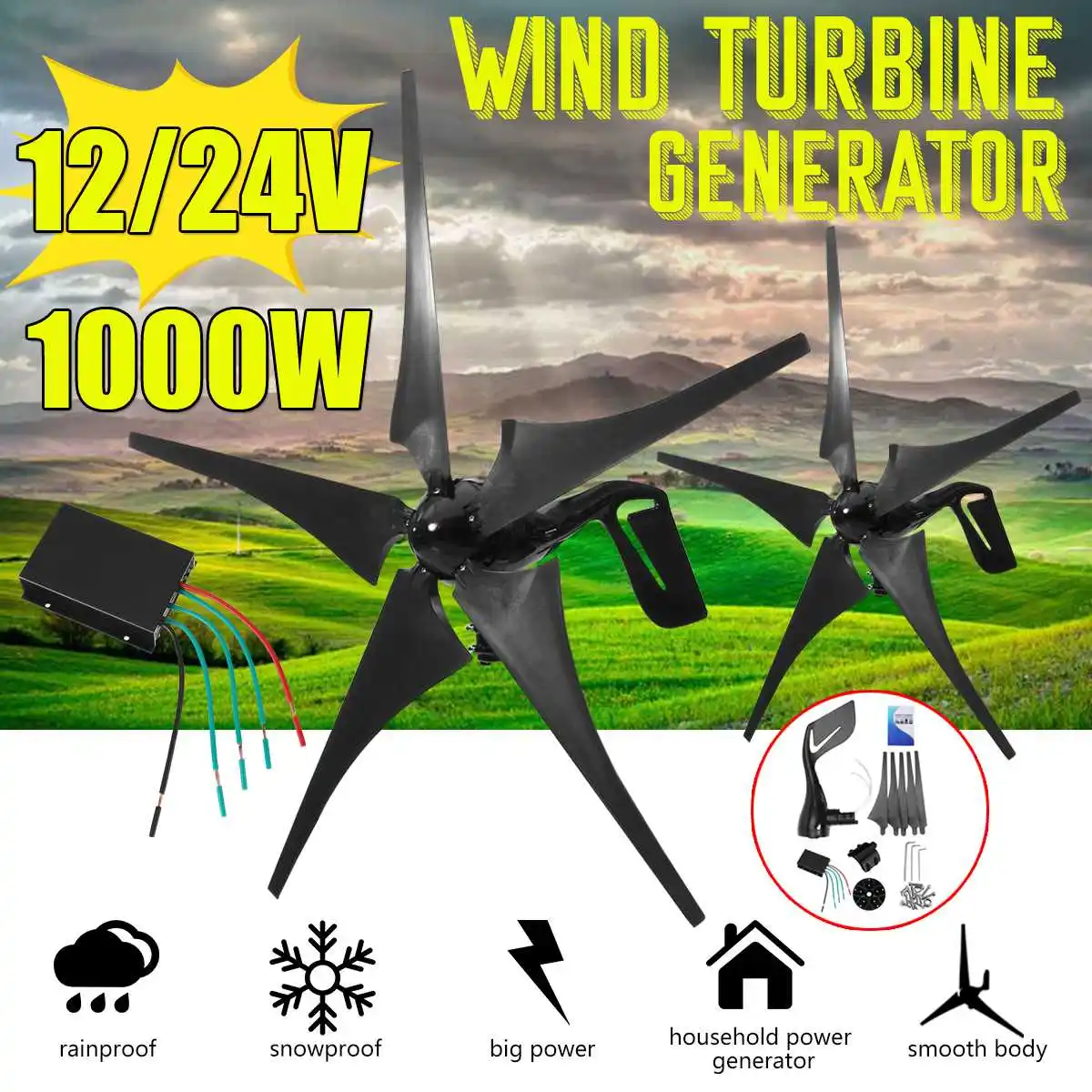 

1000W 12V 24V 5 Nylon Fiber Blade Horizontal Home Wind Turbines Generator Power Windmill Energy Turbines Charge with Controller