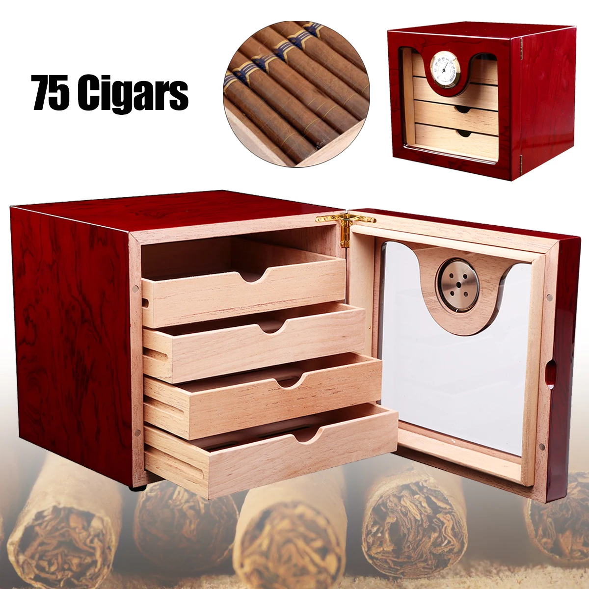 Portable Brown Cedar Wood Cigar Humidor Case With Humidifier Hygrometer Cigar Storage Box Holds up to 75 Cigars Portable Brown Cedar Wood Cigar Humidor Case With Humidifier Hygrometer Cigar Storage Box Holds up to 75 Cigars