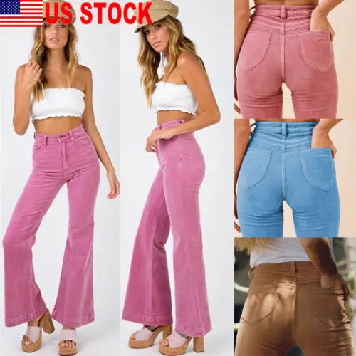 

2019 Fashion Women Ladies Flared Jeans Corduroy Retro Bell Bottom Wide Leg Pants High Waist Skinny Long Trousers