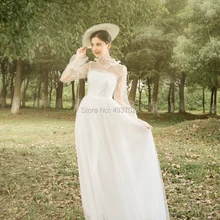 Tul cuello alto fotografía al aire libre novia bohemio de moda antiguo vintage longitud del piso vestido de noche