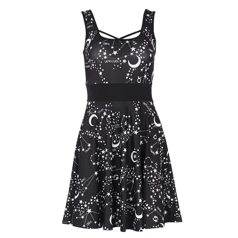 

Rosetic Gothic Harajuku Short Dress Women Summer Casual Star Moon Print Backless Sexy V Neck Mini Black Strap Dress Party