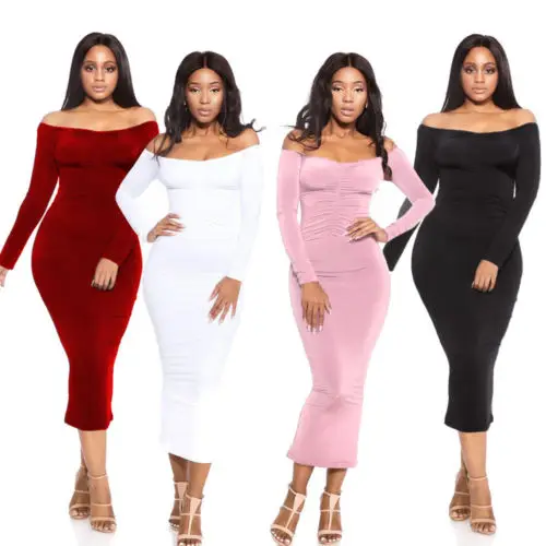 

Hirigin Vintage Stylish Womens Off Shoulder Sheath Bandage Bodycon Long Sleeve Party Midi Dress Casual Ladies Sundress Plus Size