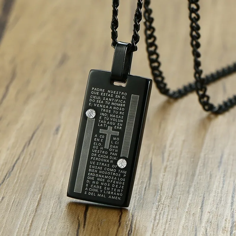 

Men's Stainless Steel Necklace Padre Nuestro Medal Padre Nuestro Medalla Our Father Charm Spanish Prayer Religious Pendant