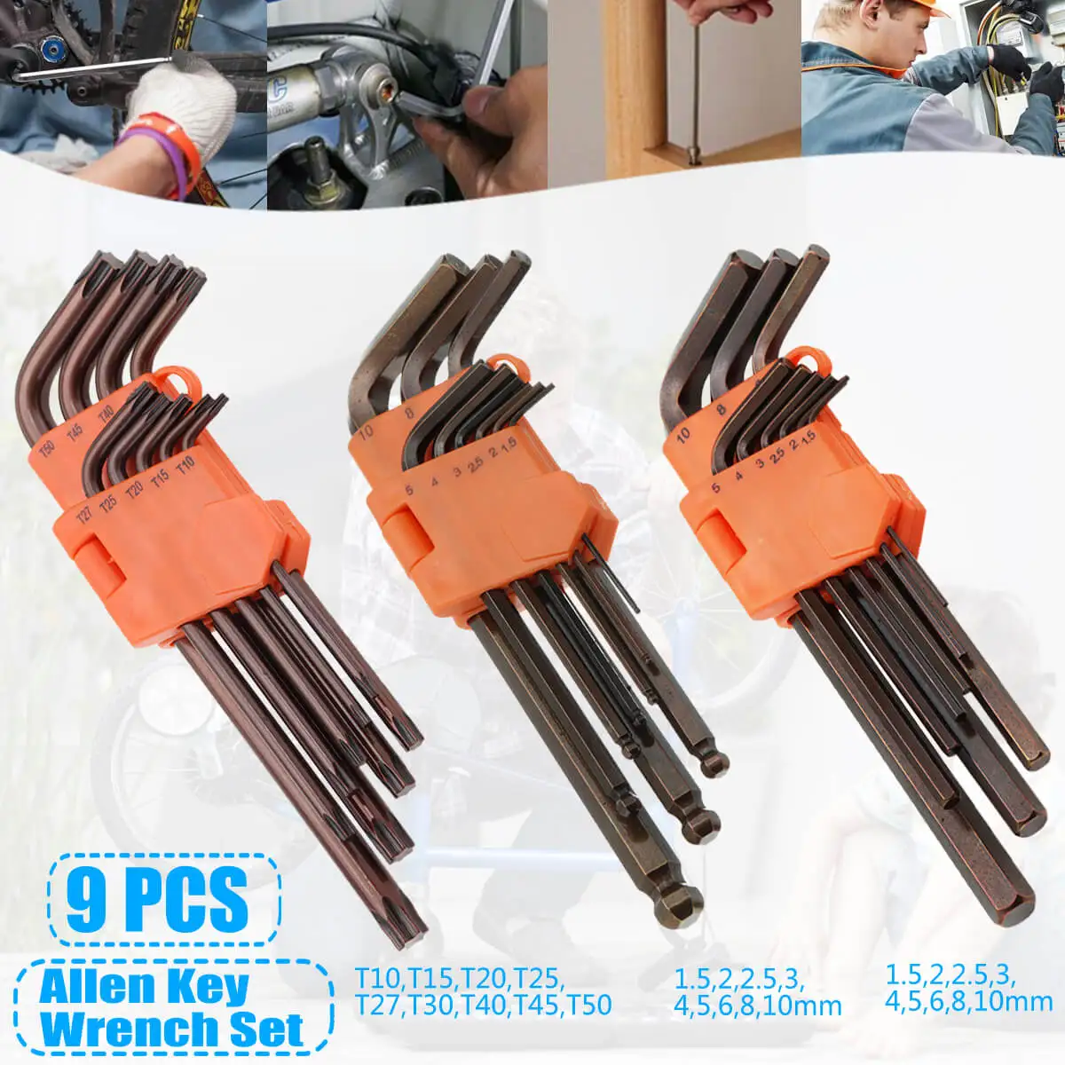 

9Pcs Hex Key Allen Tools Wrench Set Extra-long Arm AllenTorque Sae Memtric Torx Spanner Widely Use