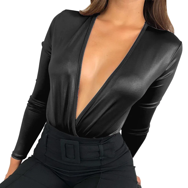 

Anself Women PU Leather Bodysuit Top 2019 Spring Short Jumpsuit Plunge V-neck Long Sleeve Bodycon Playsuit Rompers Black Clothes