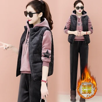 

fleece three-piece clothing set women outfit new winter 2018 Korean fashion velvet leisure suit hoodies vest pants casual warm