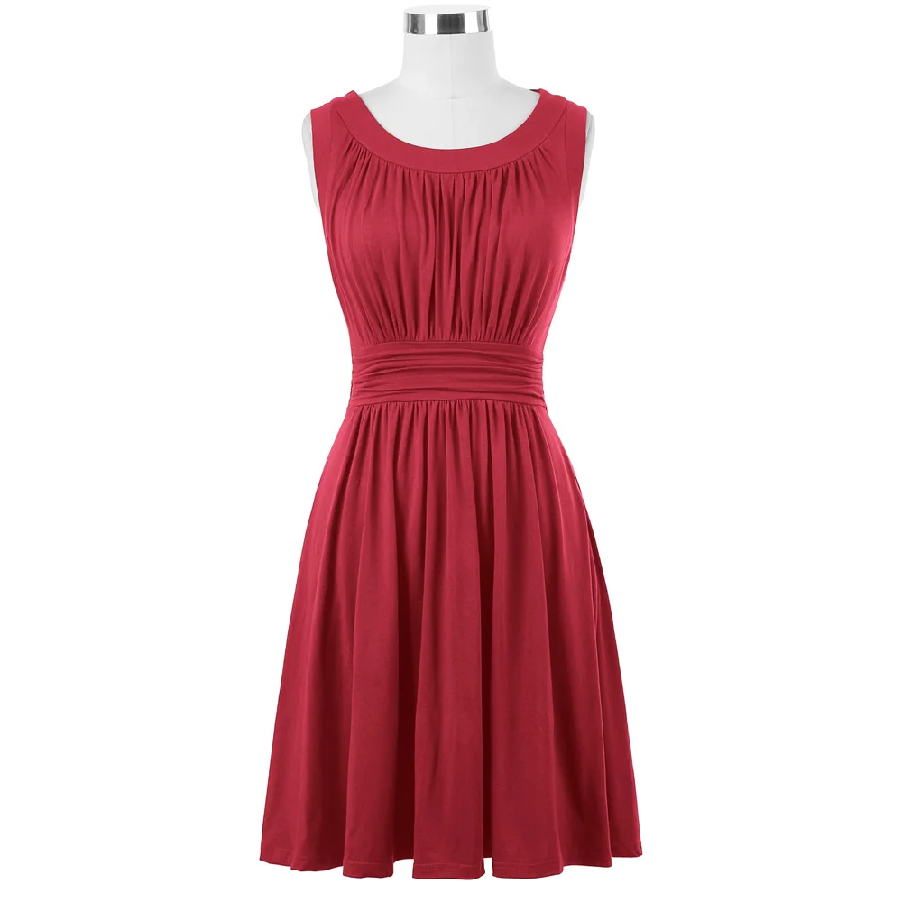 

Belle Poque Vintage dress Sleeveless crew collar ruched pleated design Short Evening Party Swing A-line Dress women red vestido