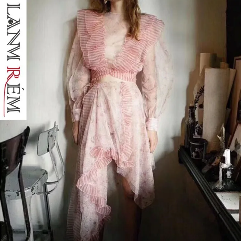 

LANMREM 2019 New Lantern Sleeves Ruffles Printed High Waist Asymmetrical Top And Halfbody Skirt Set Female Vestido WG04511L