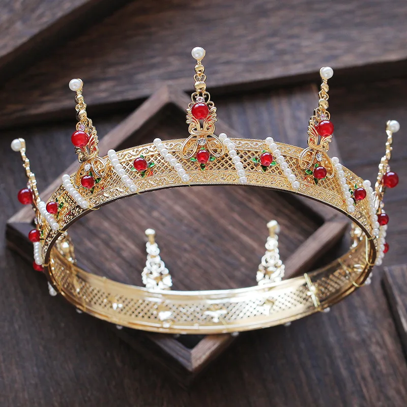 

Rosebridalpark Baroque Men King Tiaras Queen Women Round Crowns Gold Red Crystal Party Hair Accessories Wedding Bridal Jewelry