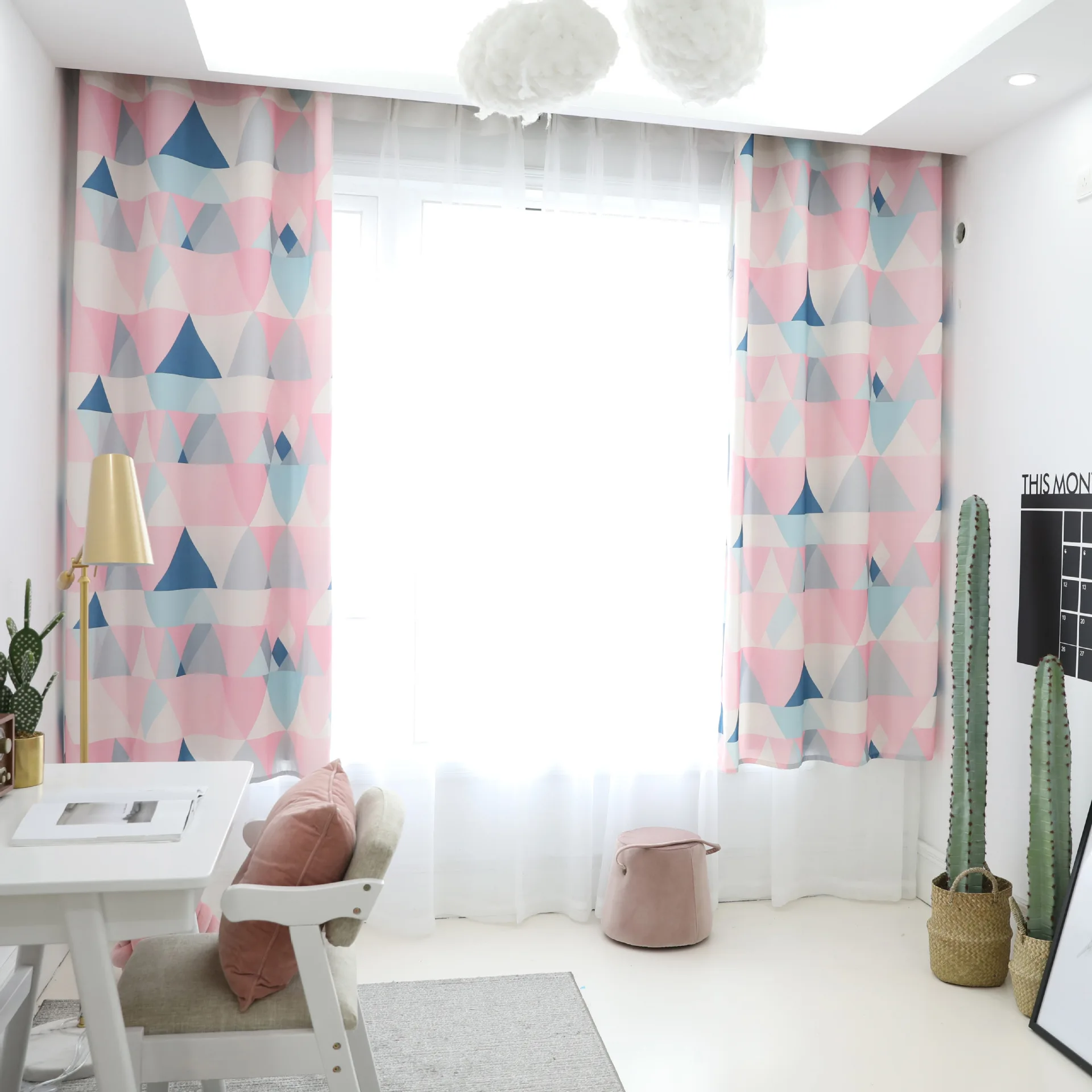 

1 panel Modern Window Curtain Finished Geometry Triangle Pink Colour Print Concise Half Shading wave bi-parting open 140x215cm