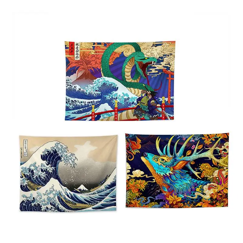 

Ukiyo-e Japanese Living Room Tapestries Mountain Ocean Wave Decorative Painting Polyester Kanagawa Surf Background Hanging Cloth