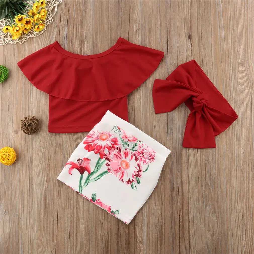 US Fashion Kid Baby Girls Off Shoulder Tops Floral Skirt Headband Outfit Clothes