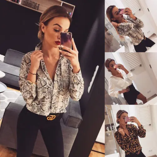 

Women Leopard Print Top Long Sleeve V-Neck Autumn Loose irregular Shirt Blouse