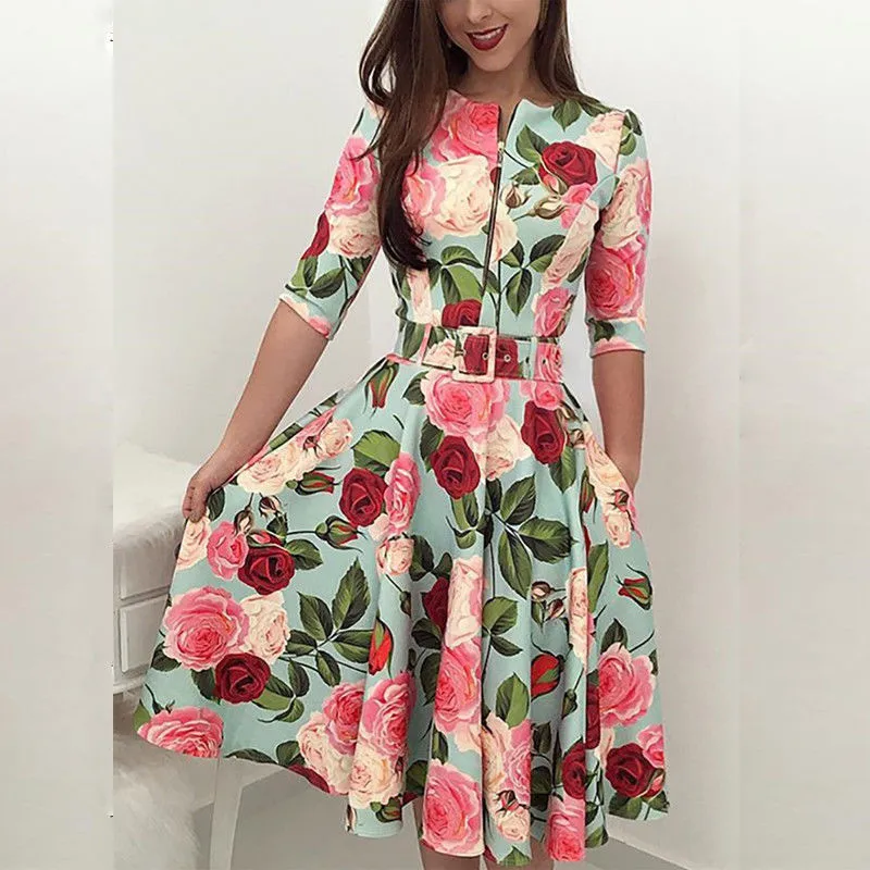 

Boho Women Floral Dress Long Sleeve With Belt Zipper Flower Knee Length Dresses Party Beach Ladies Sundress Casual Vestidos OL
