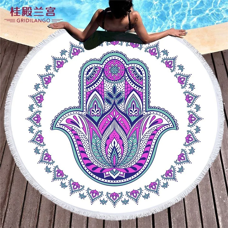 

GRIDILANGO Mandala Hand Fatima Round Beach Towel For Adult Quickly Absorbtable Swimming Travel Outdoor Yoga Mat Bath Towel