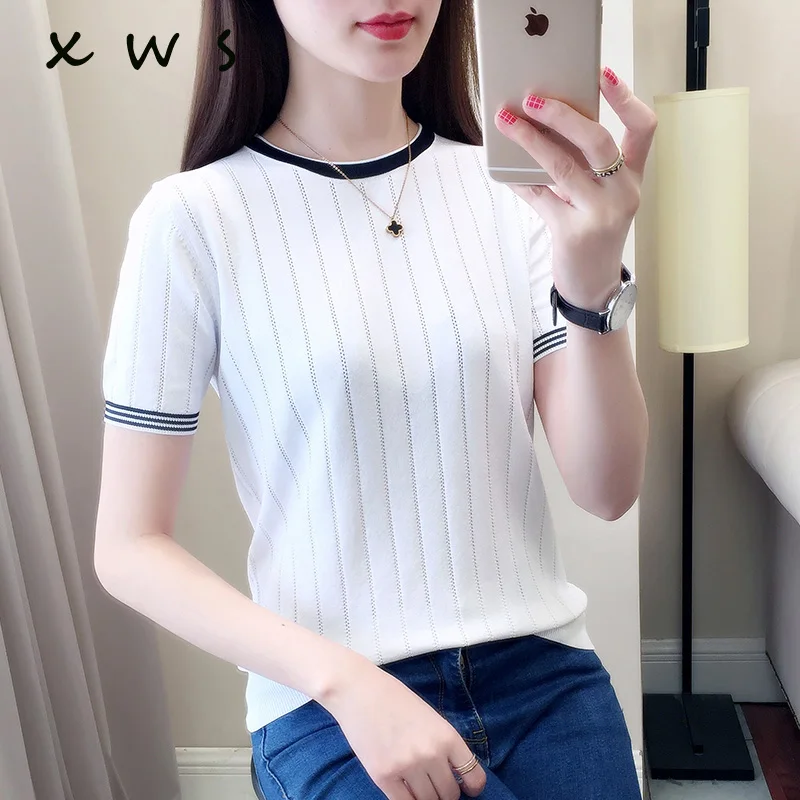 

Summer Women Pullover White Tops Short Sleeve Casual New Arrival 2019 Korea Lady Pull Femme Hiver Black Knitwear