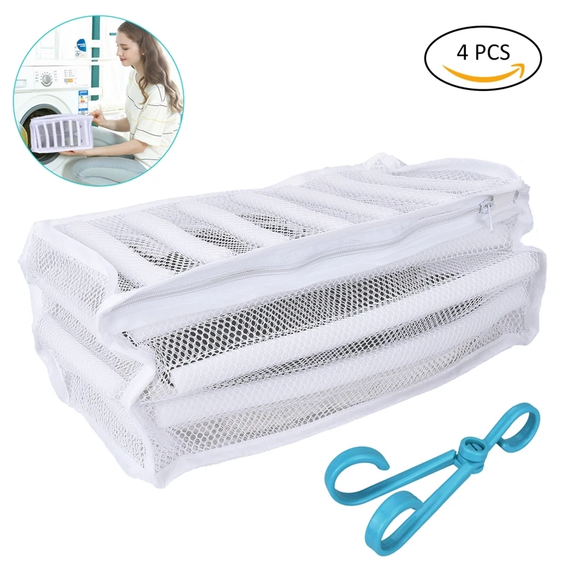 

4 Pc/ pack 2 Shoes Mesh Laundry Bag Organizer Portable Machine Dedicated Washing Protecting 19x36x19cm and 2 Clip Hooks 9x5cm