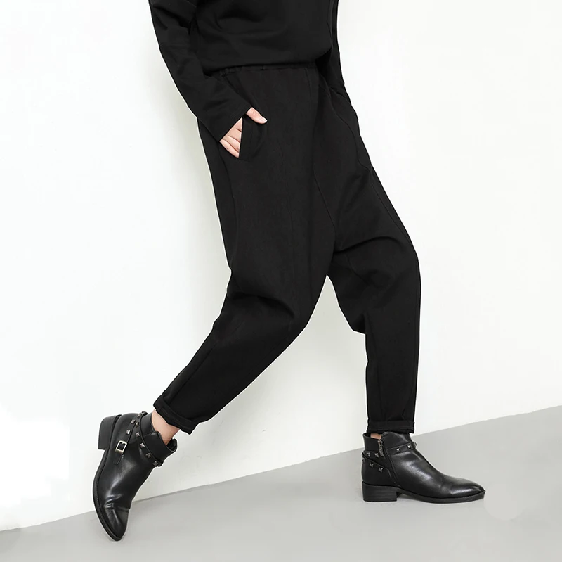  [EAM] 2020 New Autumn Winter High Elastic Waist Black Loose Pocket Long Brief Harem Pants Women Tro