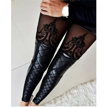 

Vintage Black Lace Pencil Pants Women Stretch Slim Faux Leather Skinny Leggings Full Length Bandage Trousers