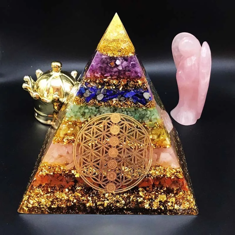 Orgonita Pirámide de energía de siete chakras, suministros de adivinación de Aura, adornos de meditación de Yoga, artesanía de resina, protección EMF, piedra de la suerte