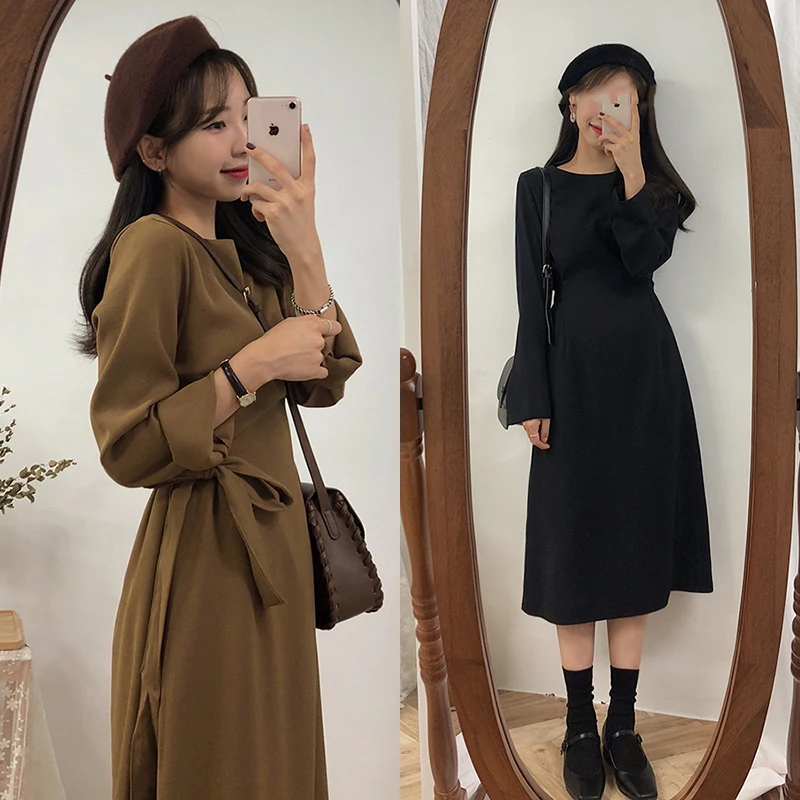 Ceny Linia sukienki Hot sprzedaży kobiety zima podstawowy czarny sukienka styl preppy koreański temperament damska z kokardką Tie śliczne sukienka vintage 2011