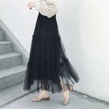 PEONFLY Мода, летняя женская плиссированная юбка из тюля, черные длинные юбки с высокой талией, тонкие шифоновые сетчатые свободные юбки макси для женщин
