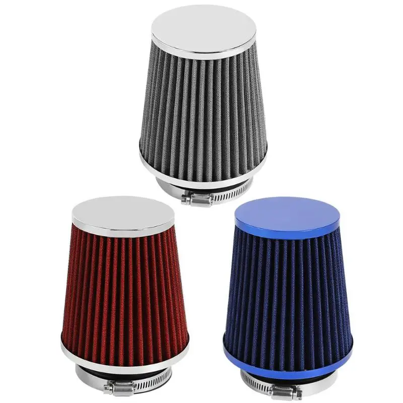 

Universal 76mm 3 inch High Flow Cold Air Intake Round Cone Replacement Dry Air Filter Auto Intake Tube System Silver Red Blue