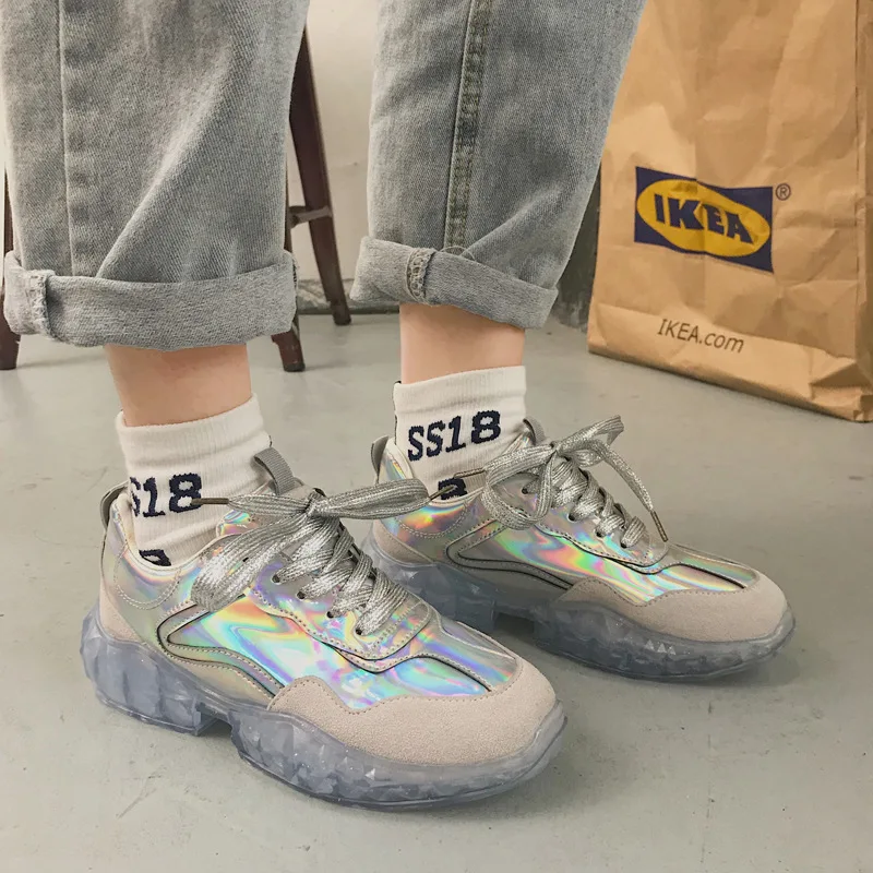 

MYMQ Net Red Laser Patent Leather Sneakers Female Leisure Jelly the End of Platform Increased Dad Shoes