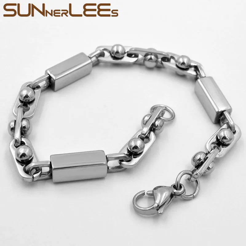 

SUNNERLEES Fashion Jewelry Stainless Steel Bracelet 6mm Geometric Beads Link Chain Silver Color Men Women Gift SC145 B