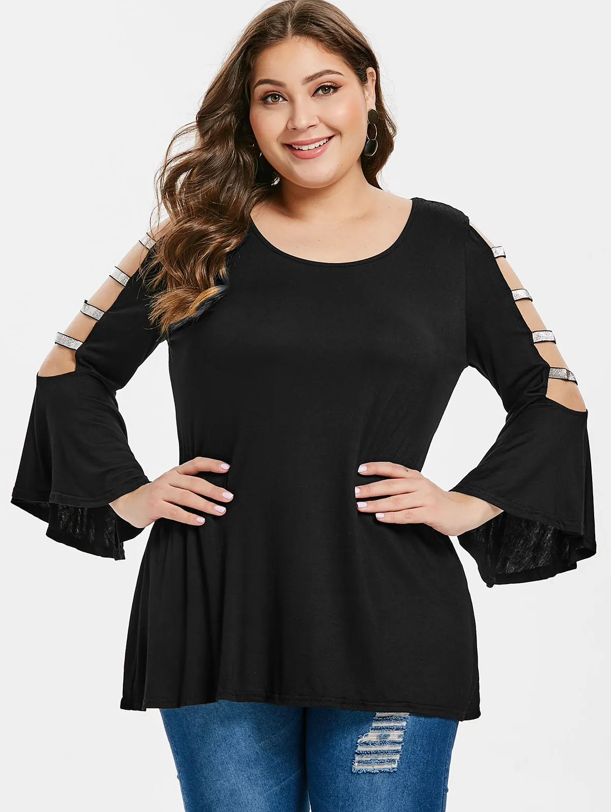 Wipalo 2019 Women Plus Size 5XL Sequined Belt Bell Sleeve T-Shirt O Neck Cold Shoulder Three Quarter Casual Solid Tee Top | Женская