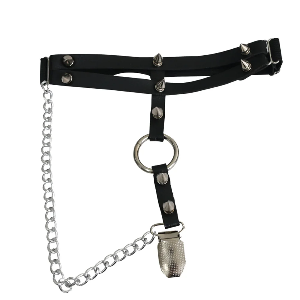 

Harajuku Women Strap Leg Garters Belt Metal Chain Design Leg Loop Garter Cage Body Hollow Non-Slip PU Belt Black