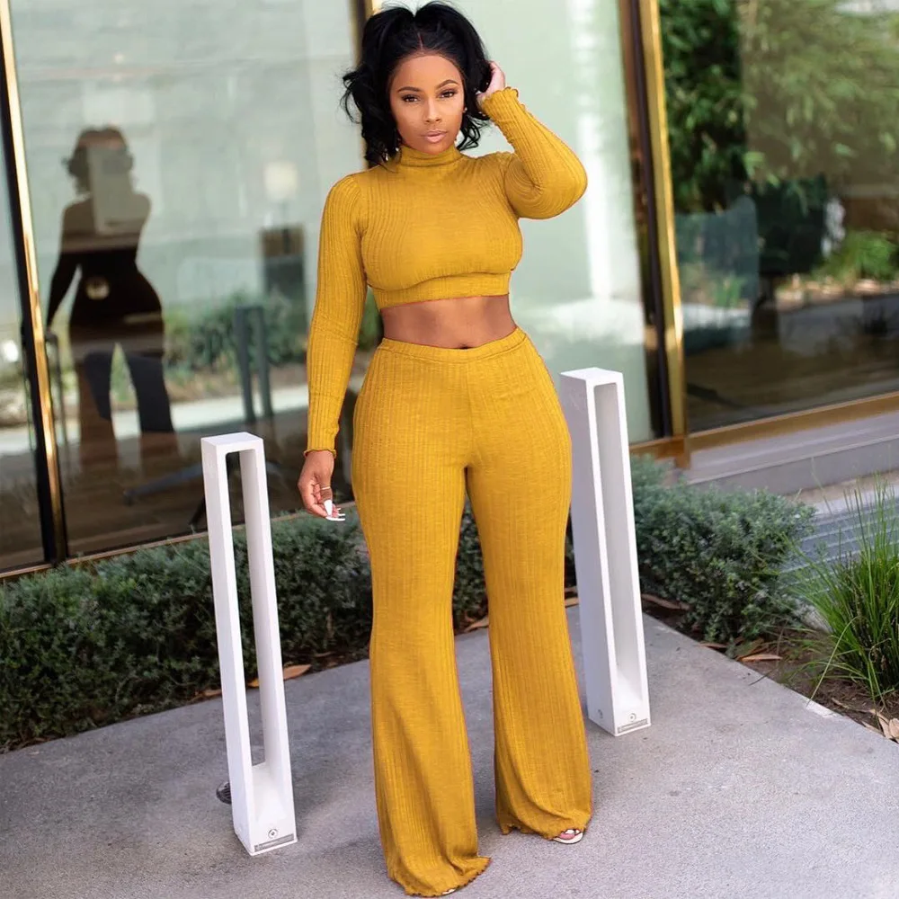 

Sexy casual tracksuit women 2 two piece set winter outfits turtleneck short top flare pants ribbed ensemble femme dos piezas