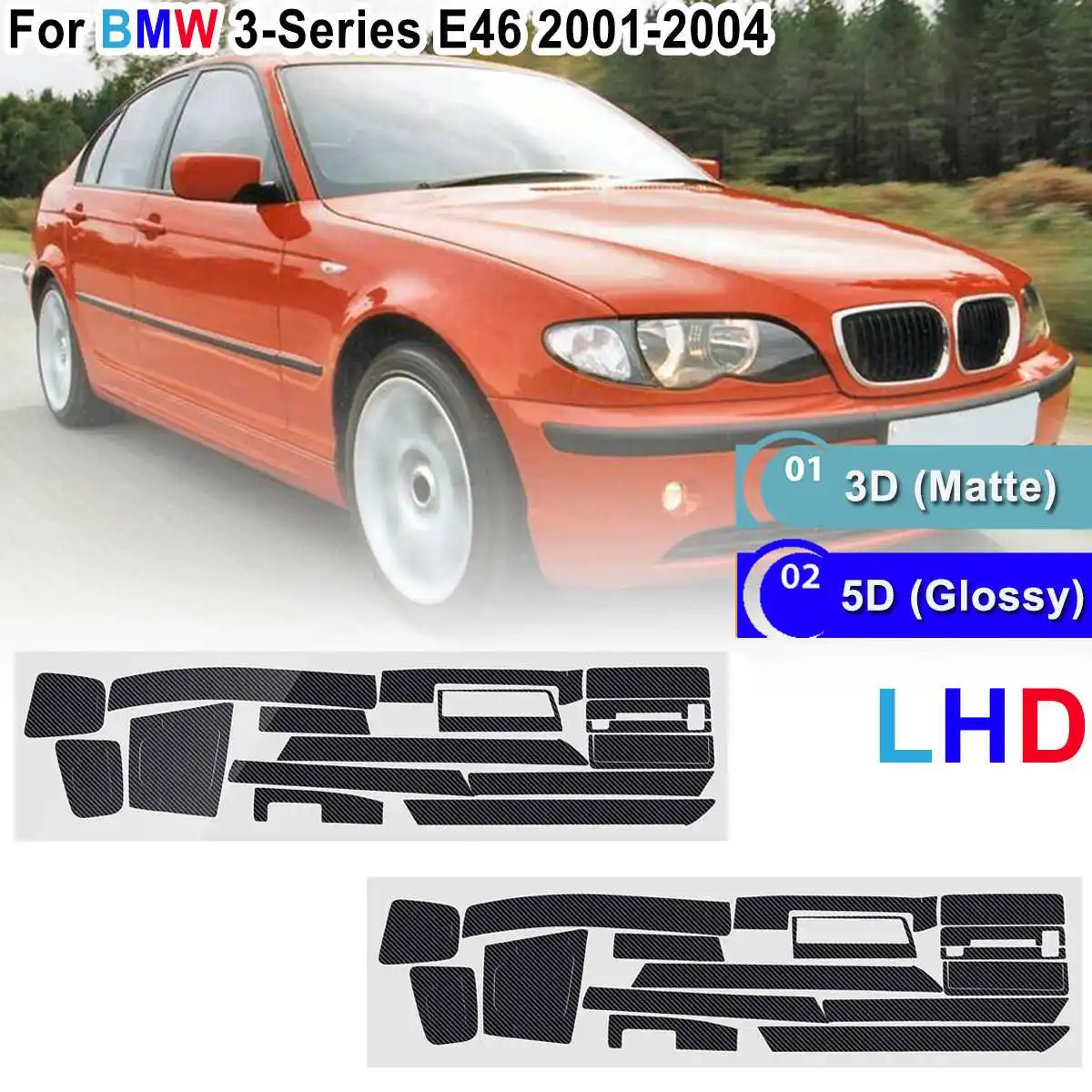 

18Pcs 3D/5D DIY Sticker Carbon Fiber Style Sticker Vinyl Decal Trim For BMW 3-Series E46 2001 2002 2003 2004 LHD Only