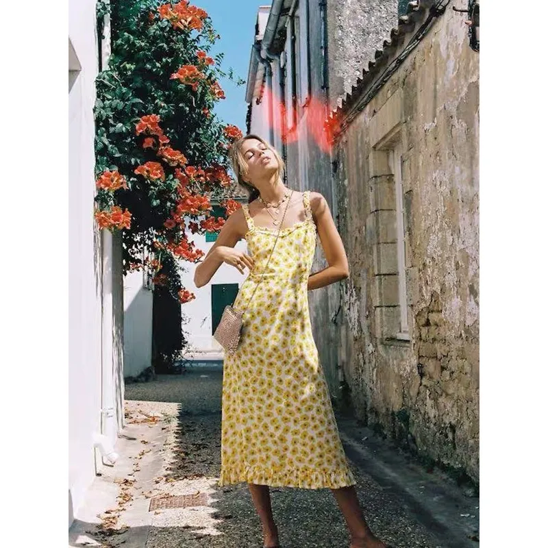 

2019 Summer Women Bohemian Floral Print Dress Elegant Sleeveless A-Line Mid Dresses Female Holiday Beach Dress