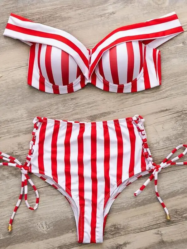 

Women's Two-piece Swimsuit Sexy Striped Bikini High Waist Slim-Fit Swimwear Off Shoulder Push Up Bathing Suit