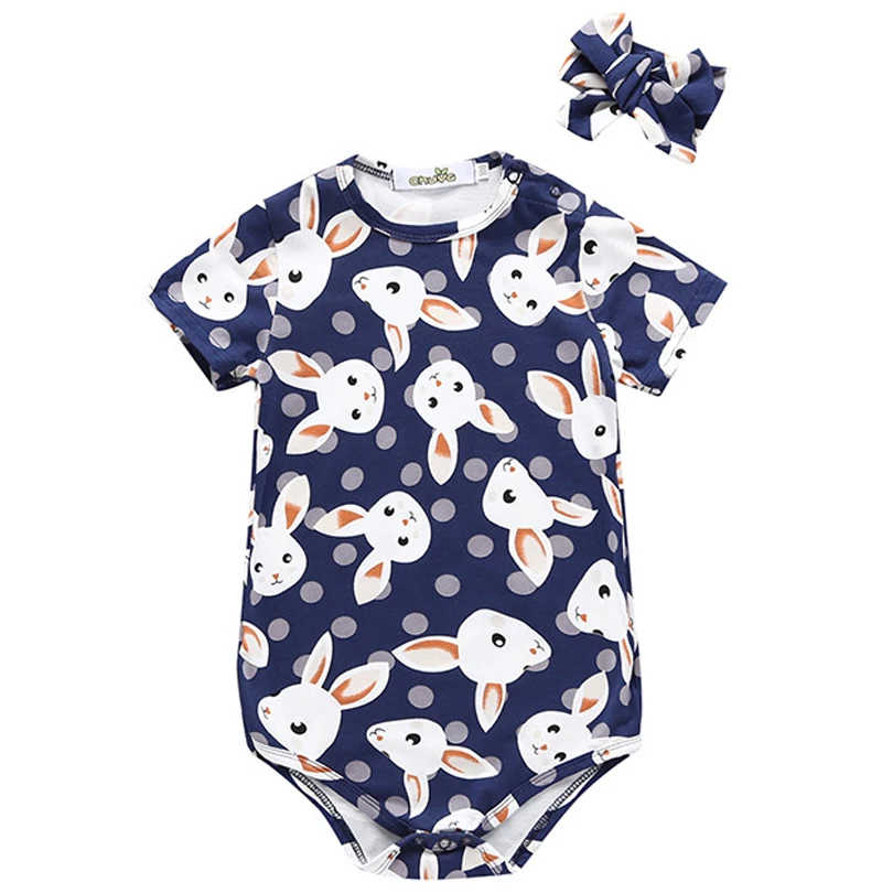 

Baby Clothing Set 100% Cotton Unisex Short Sleeve Summer Cartoon Rabbit Rompers+headband 2pcs Outfit Toddler Cute Clothes Set