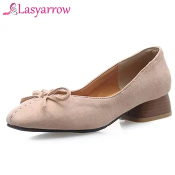 

Lasyarrow Shallow Pumps Chunky Heels Square Toe Elegant Bow Knot Ladies Shoes For Dress Casual Slip On Spring Autumn Pumps J485
