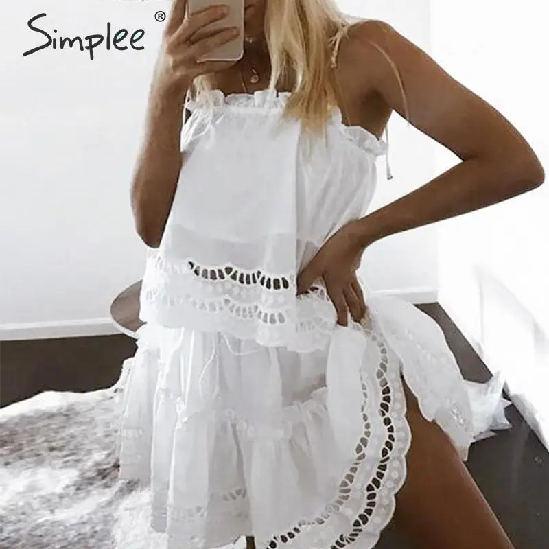

Simplee Elegant hollow out solid co-ordinates women dress Sexy spaghetti strap ruffled female summer dress Vintage cotton dress